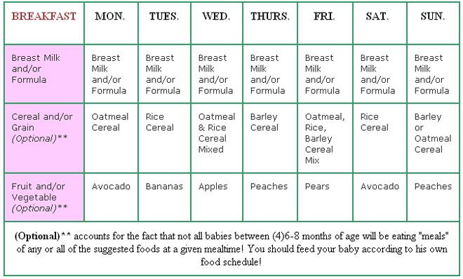 Monthly baby feeding chart